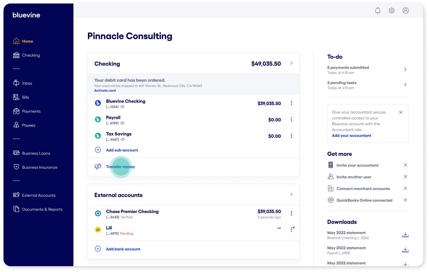 Bluevine dashboard transfer money