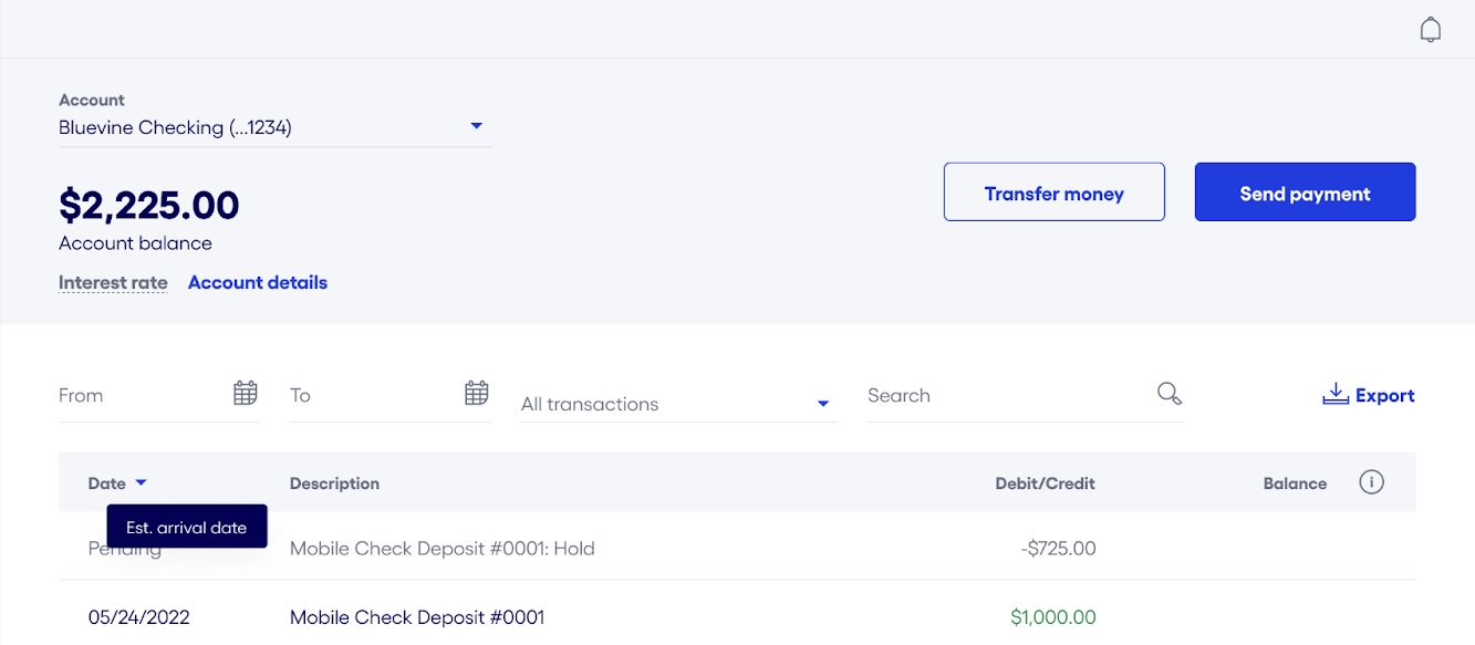 Bluevine dashboard partial funds transaction