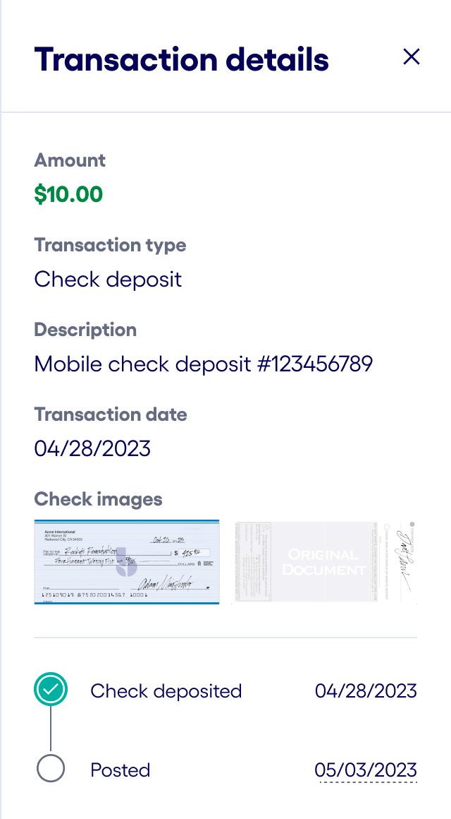 Bluevine dashboard check deposit transaction details