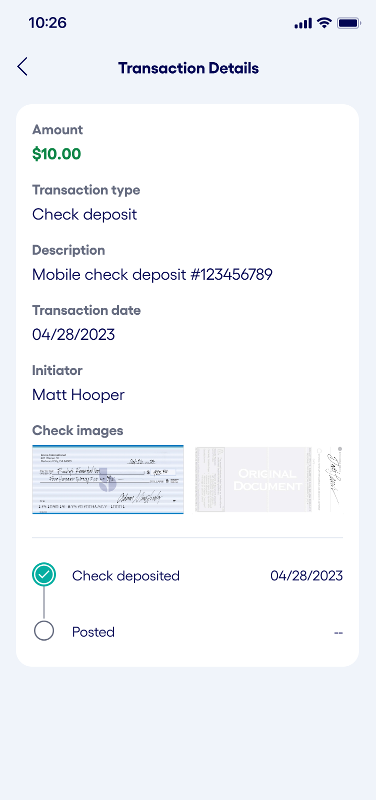 Transaction Details on Bluevine mobile app check deposit