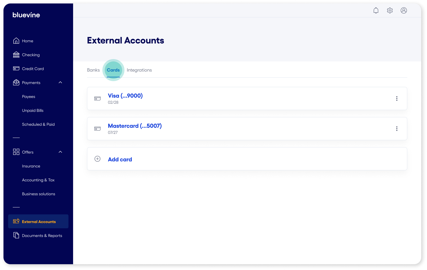 External Accounts Cards