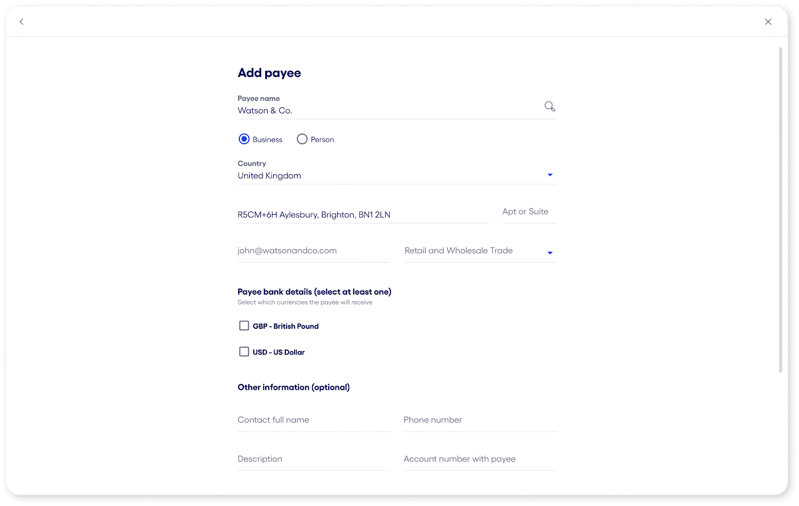 A series of images showing how to select a currency option for sending an international payment on the Bluevine Dashboard
