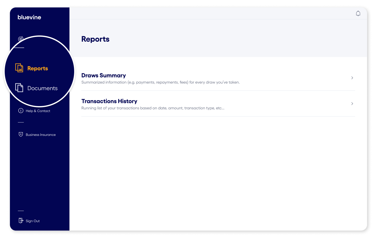 Bluevine Dashboard Reports Screen
