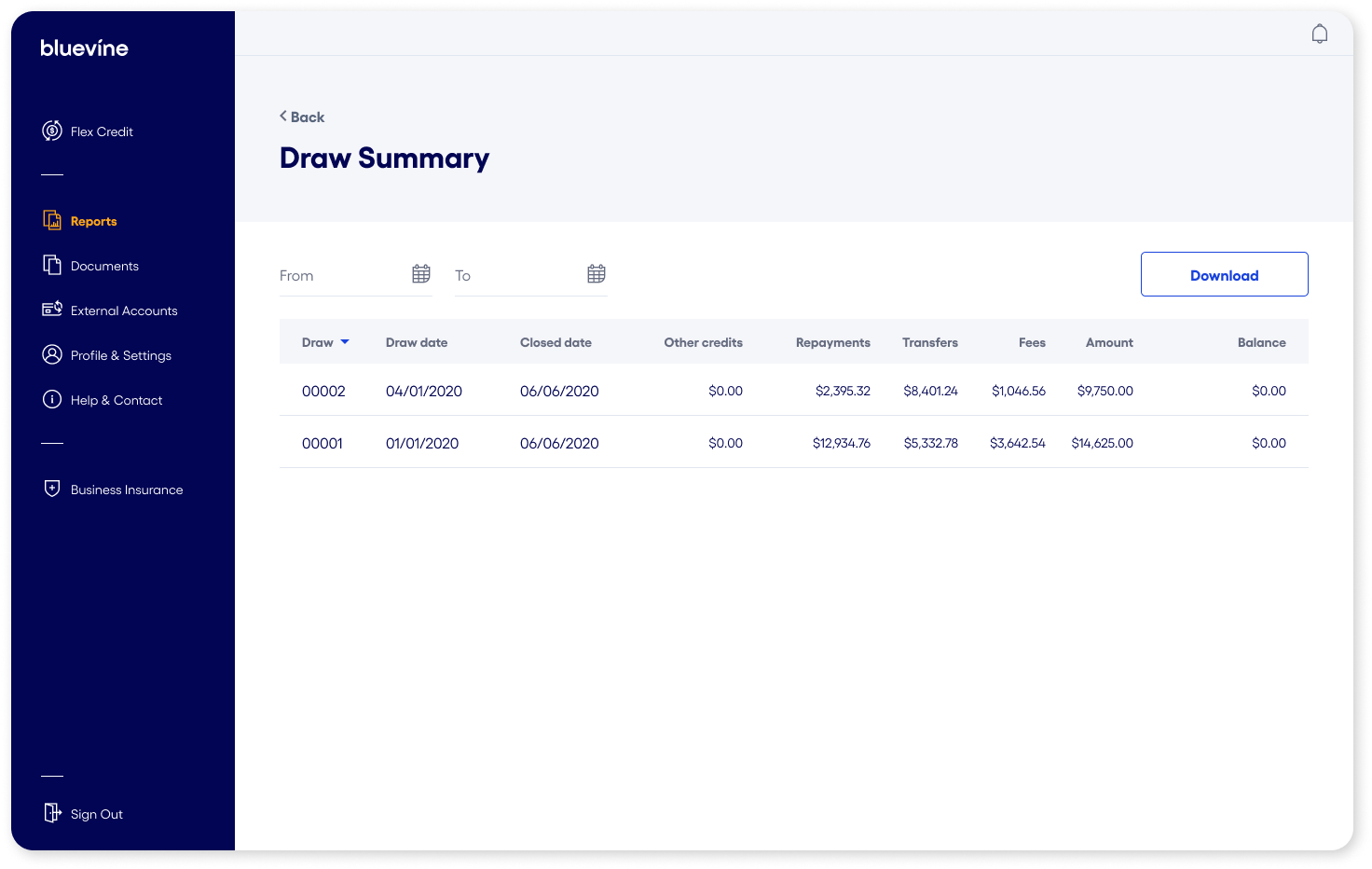 Bluevine Dashboard Draw Summary Screen