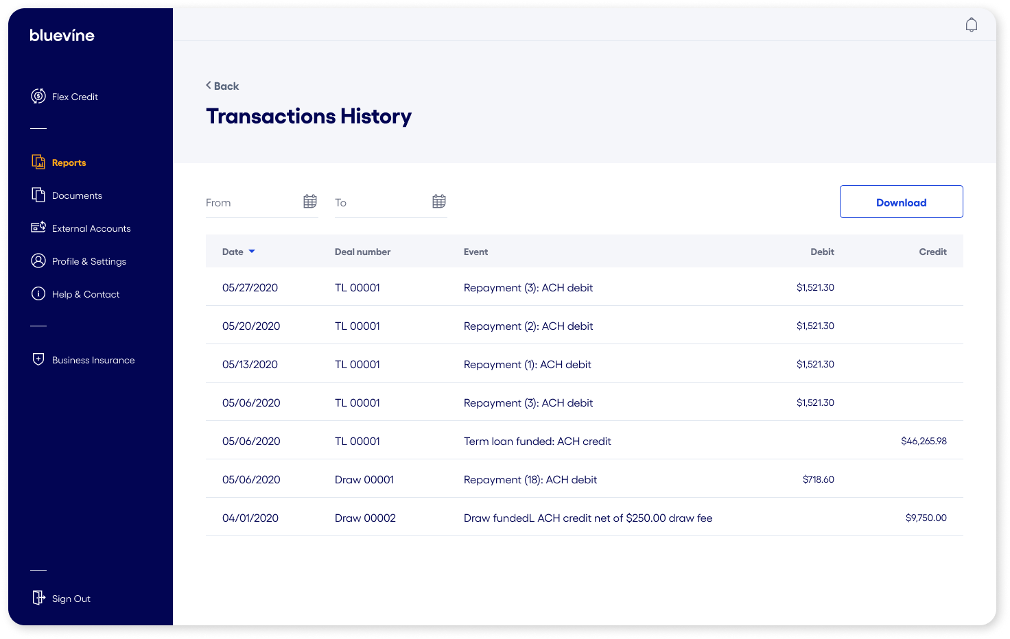 Bluevine Dashboard Transactions History Screen