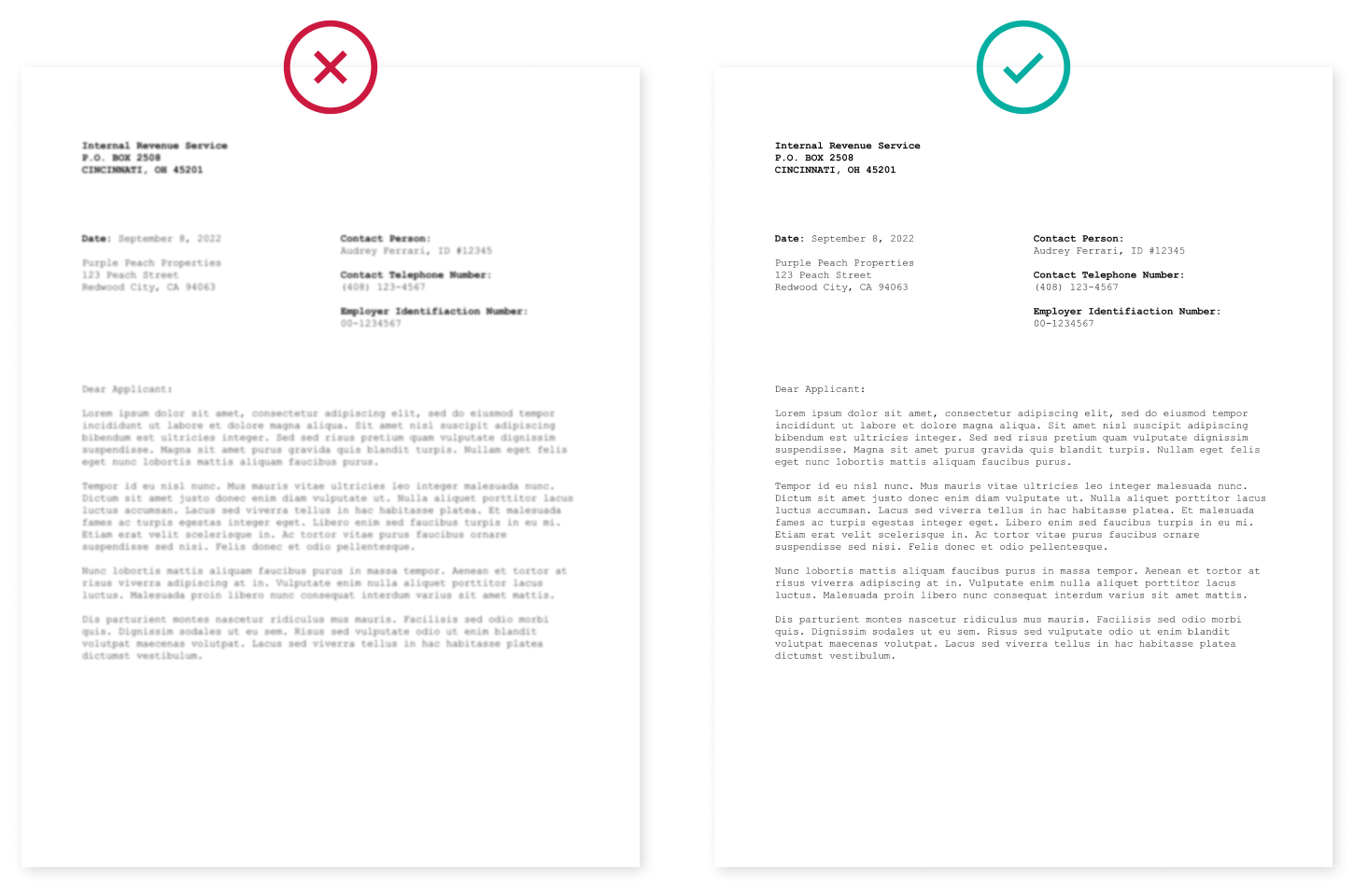 Example of a blurry image with a red X and example of a clear image with a green checkmark