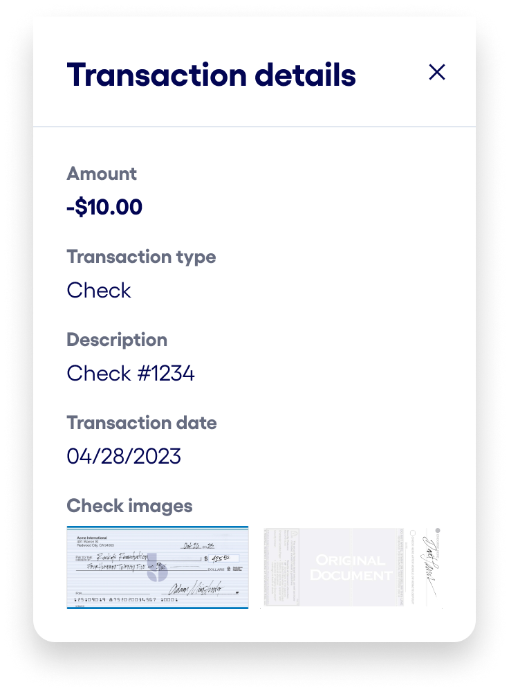 Transaction Details Screen with Check Information