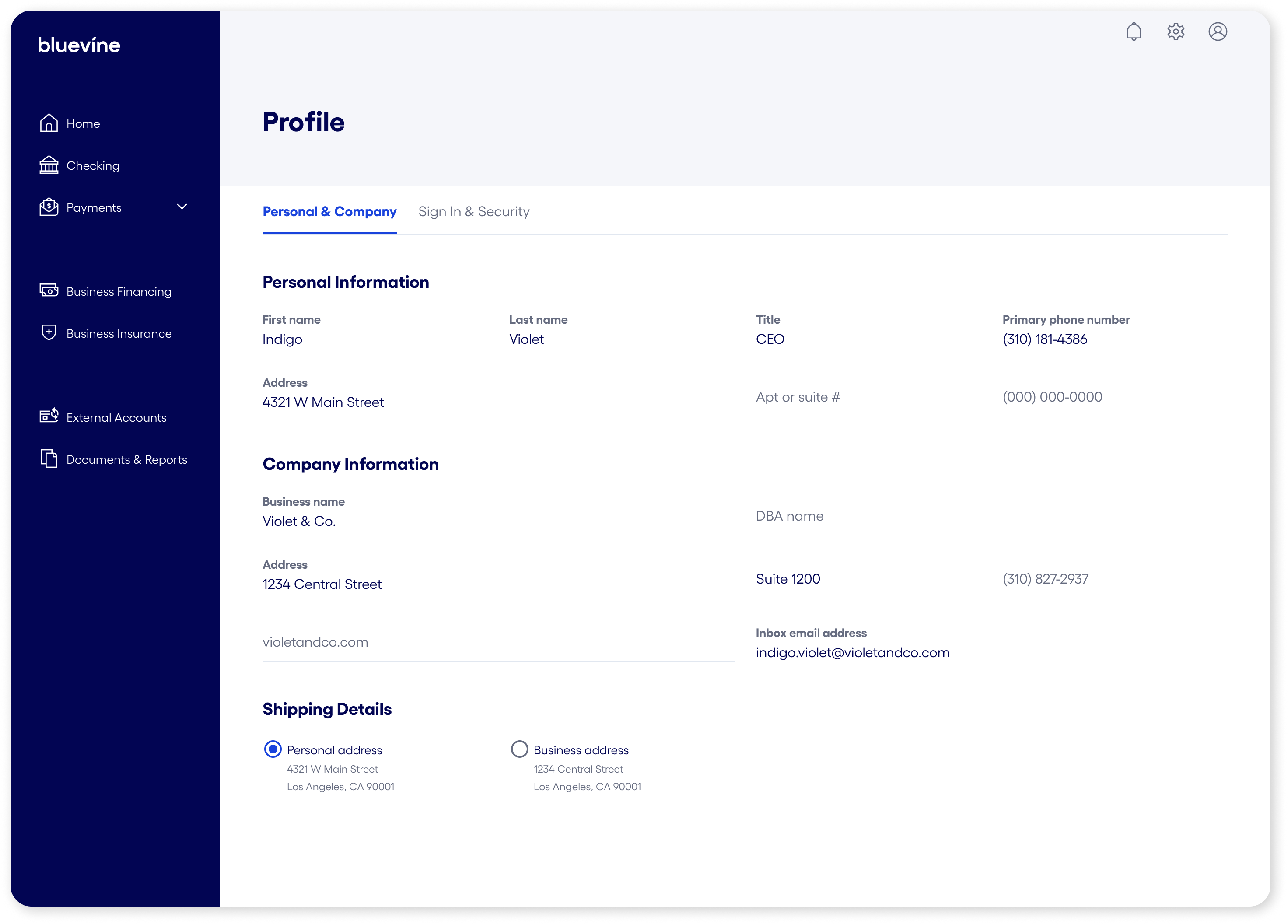 Bluevine dashboard profile personal & company