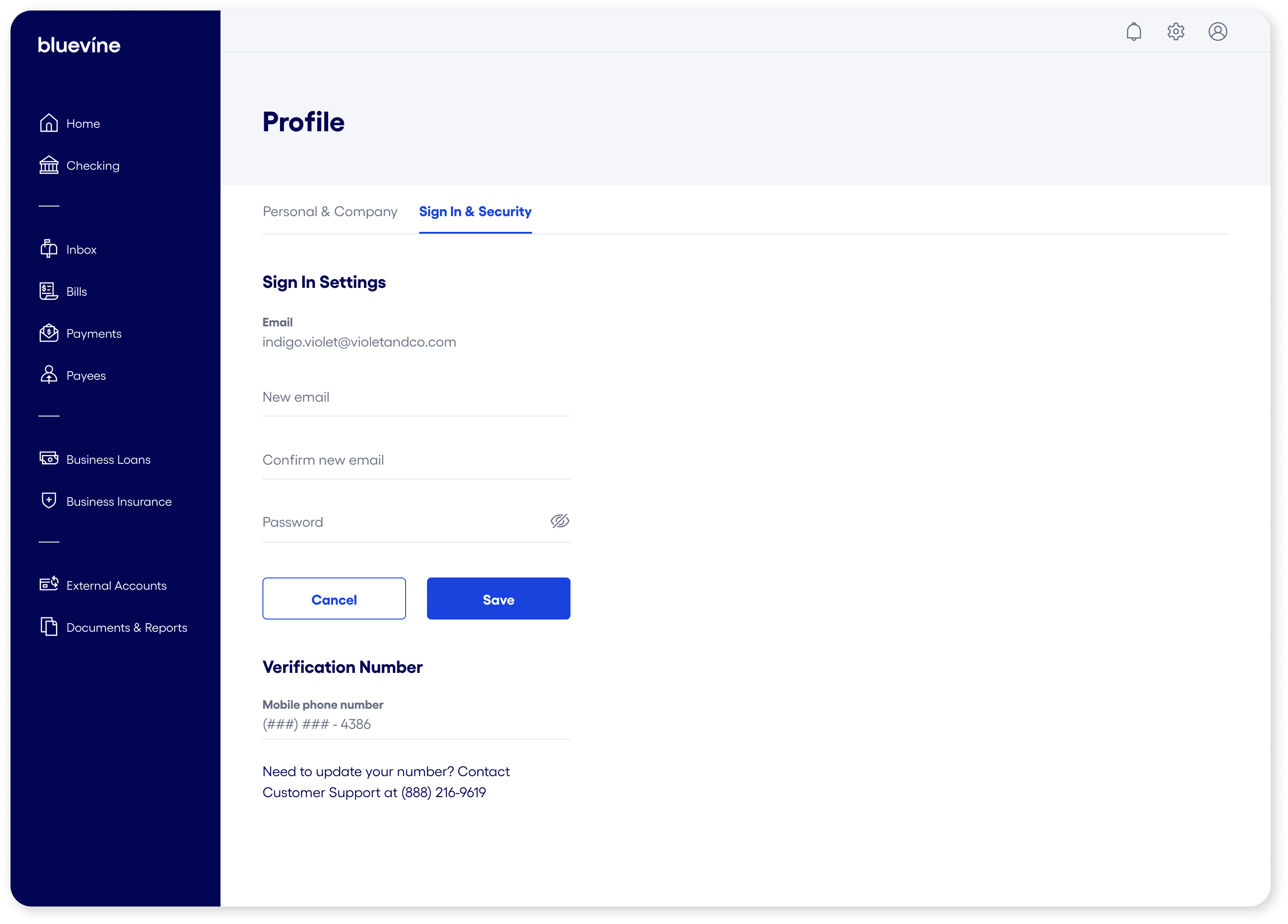 Bluevine Dashboard Sign In Security Edit Email