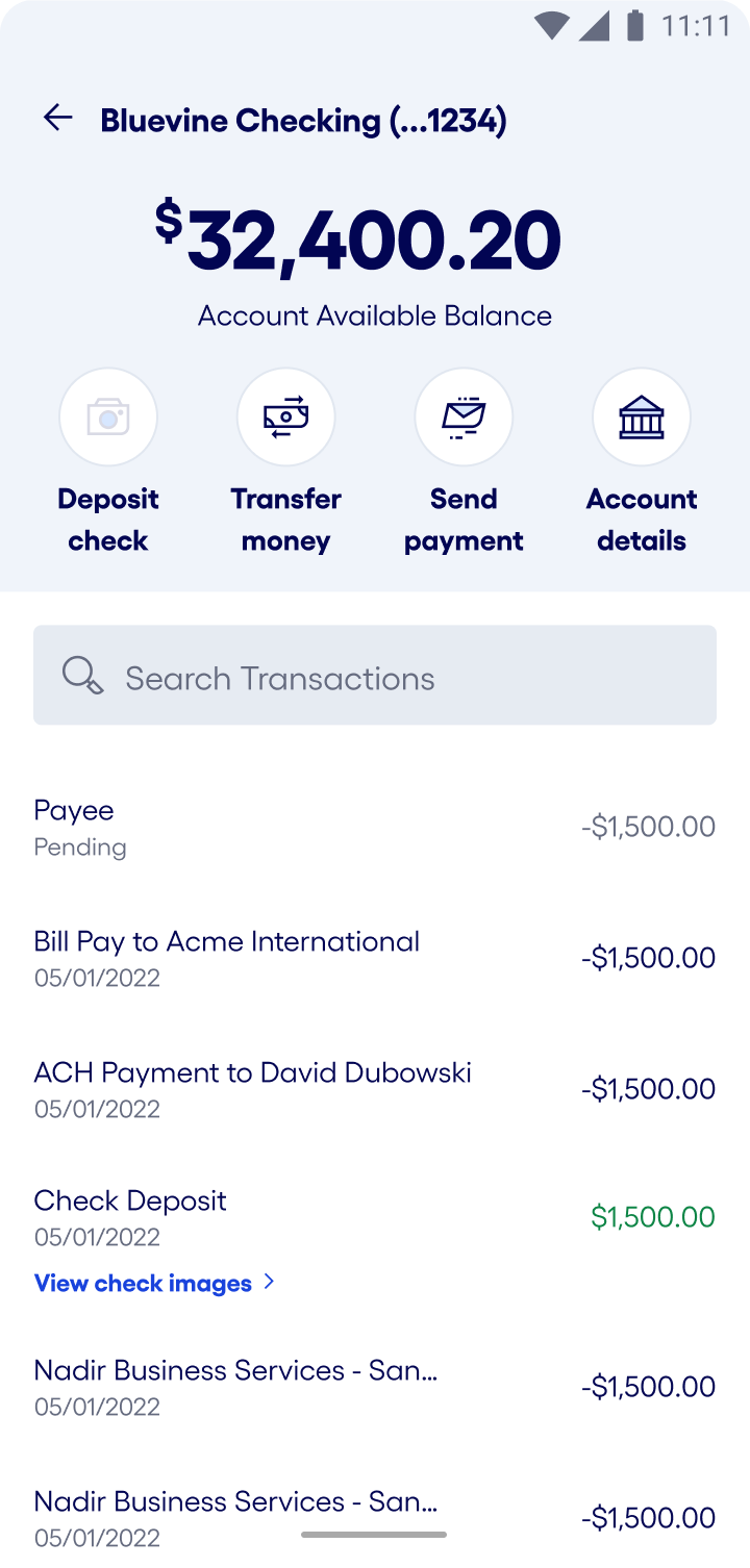 Bluevine mobile app Android OS transactions view