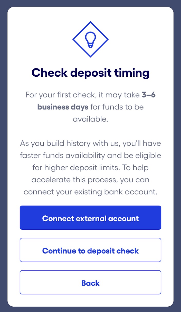 Bluevine mobile app Adroid OS check deposit modal