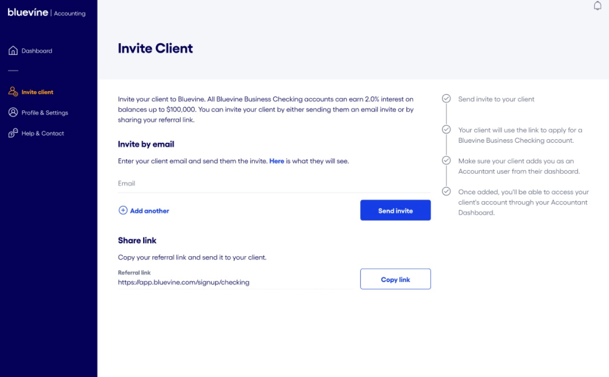 bluevine dashboard invite client to business checking