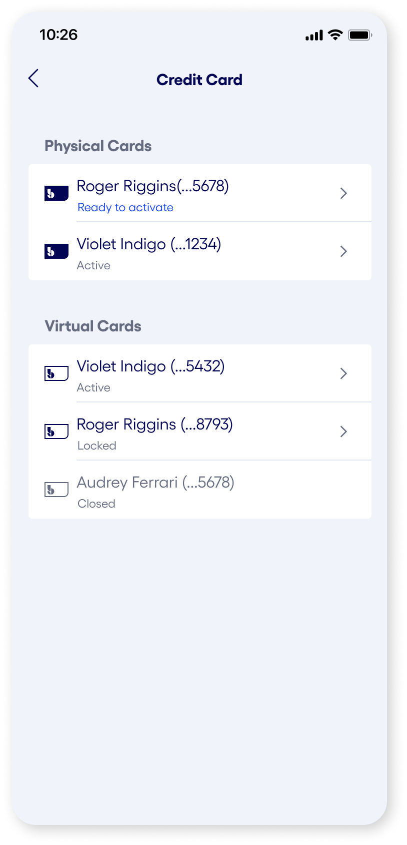 Bluevine mobile app mulitple credit cards replacement screen