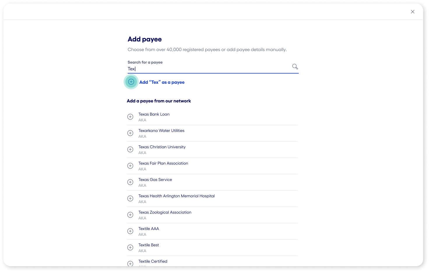 Bluevine dashboard add payee selection