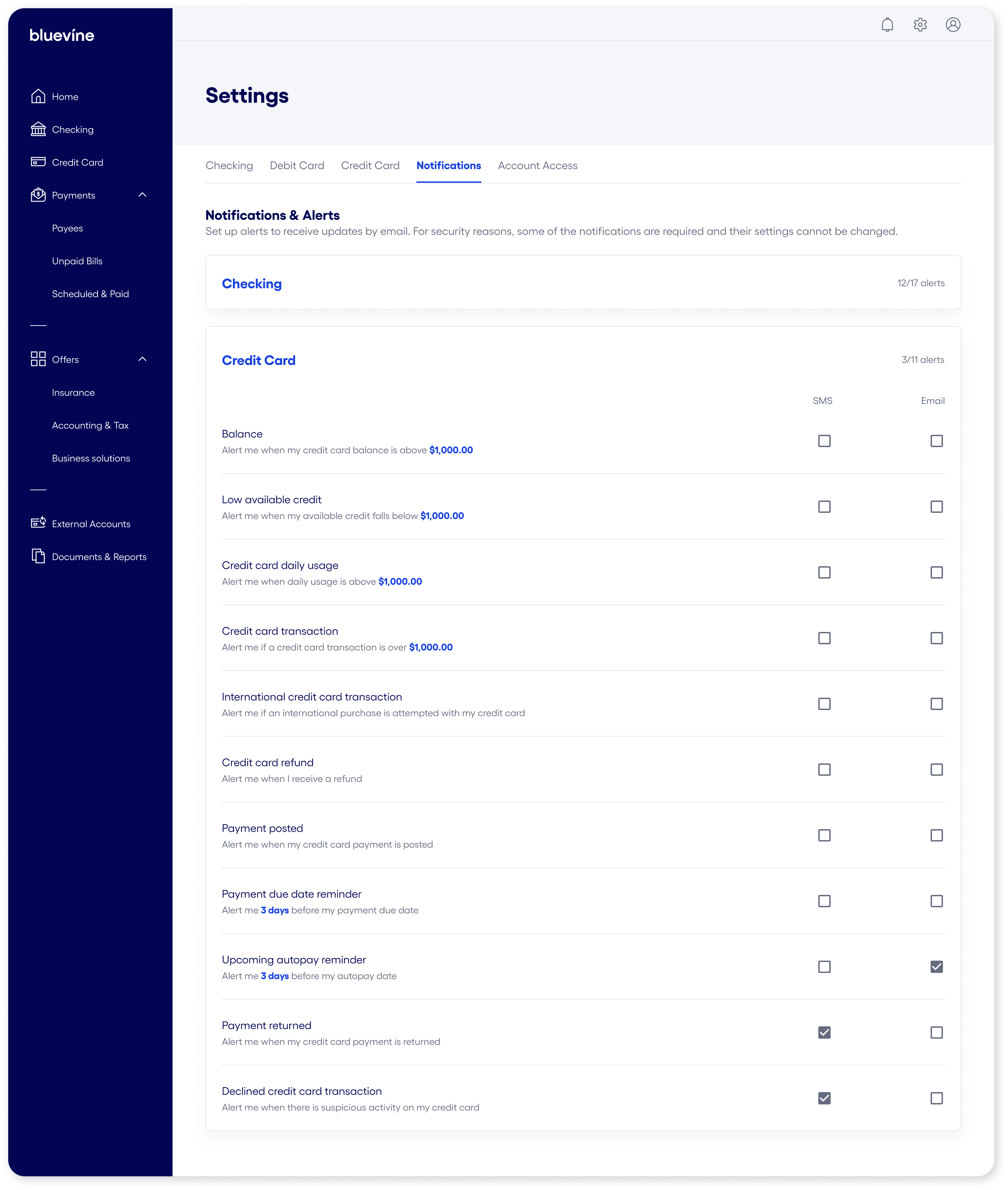 manage credit card notifications