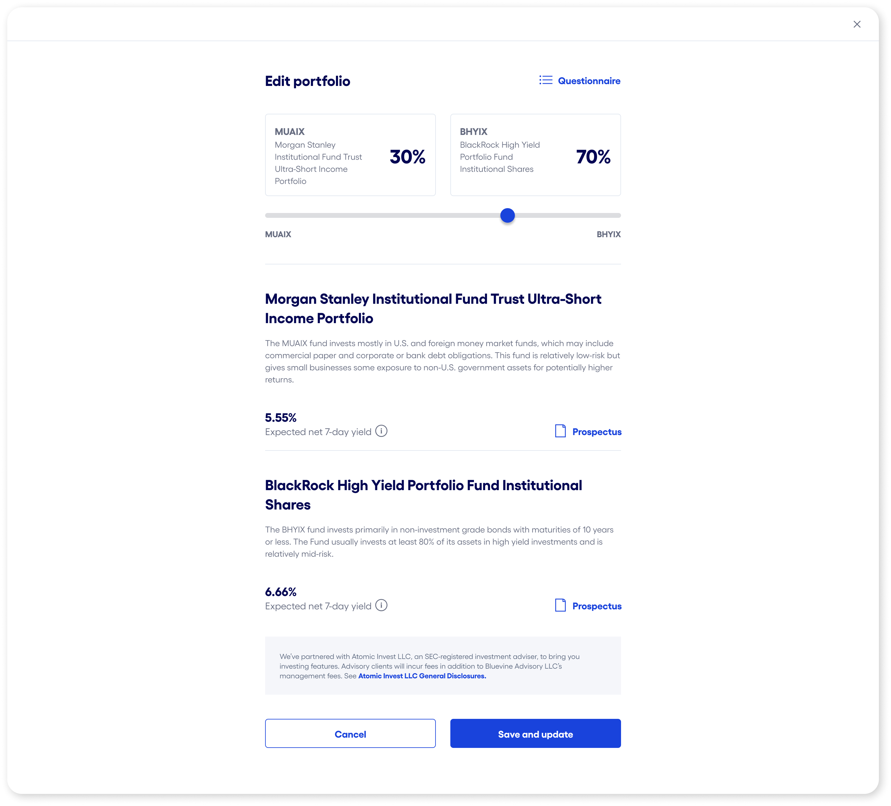 Edit portfolio screen showing a 30/70 allocation between two funds (MUIAX and BHYIX) with a slider to adjust. Each fund lists its yield, description, and a link to the prospectus. Options to cancel or save changes appear at the bottom.