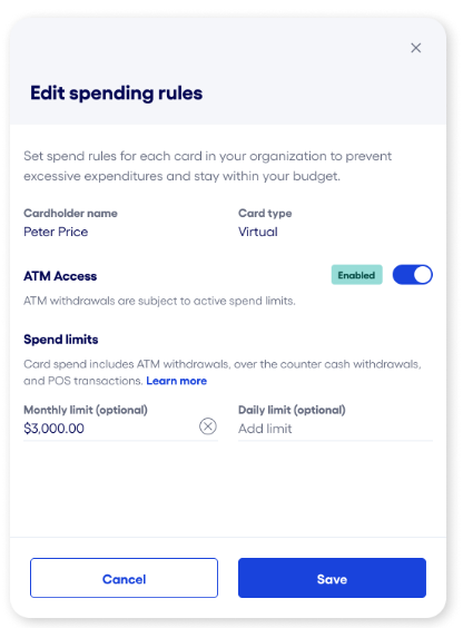 Bluevine Dashboard Credit Card Spend Edit Screen