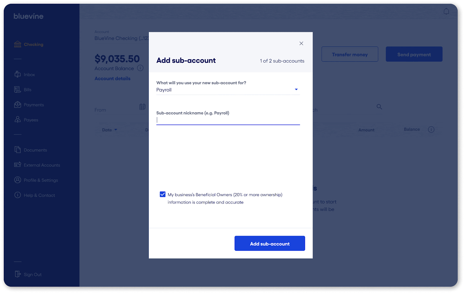 Bluevine dashboard checking add sub-account details