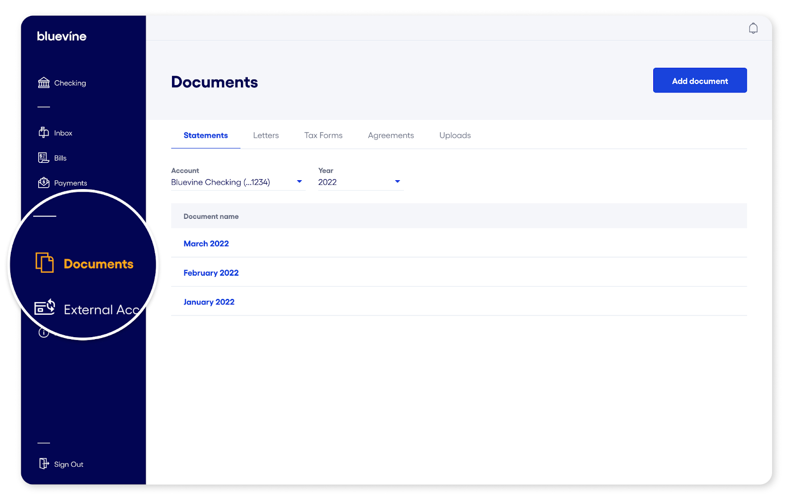 Bluevine dashboard checking sub-account statements
