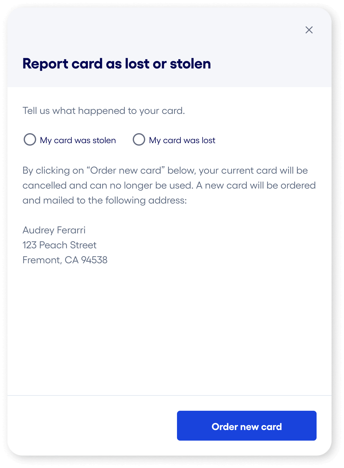 Bluevine dashboard mark card as lost or stolen