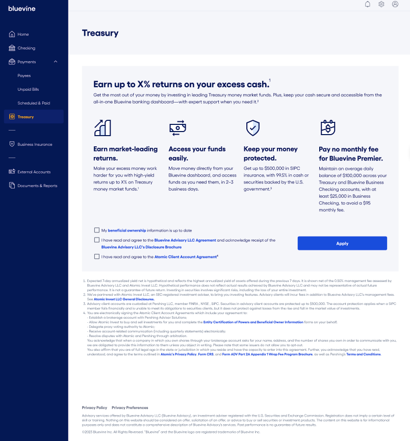How do I apply for a Bluevine Treasury account?