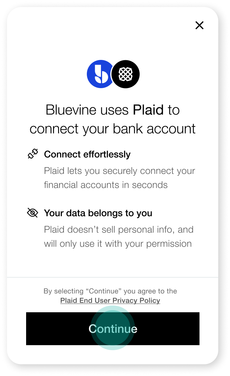 Bluevine dashboard Plaid connection