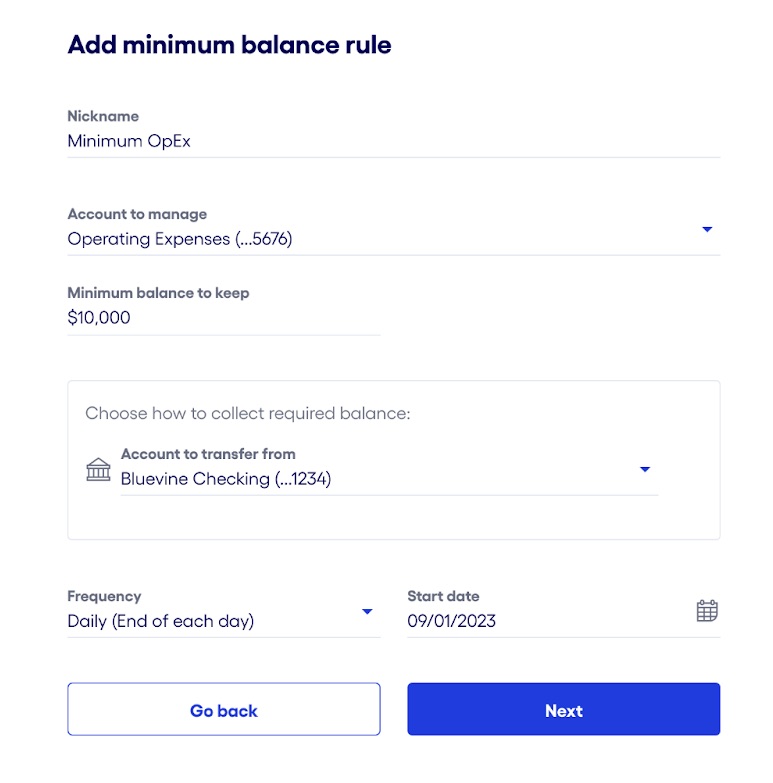Bluevine dashboard set up minimum balance rule