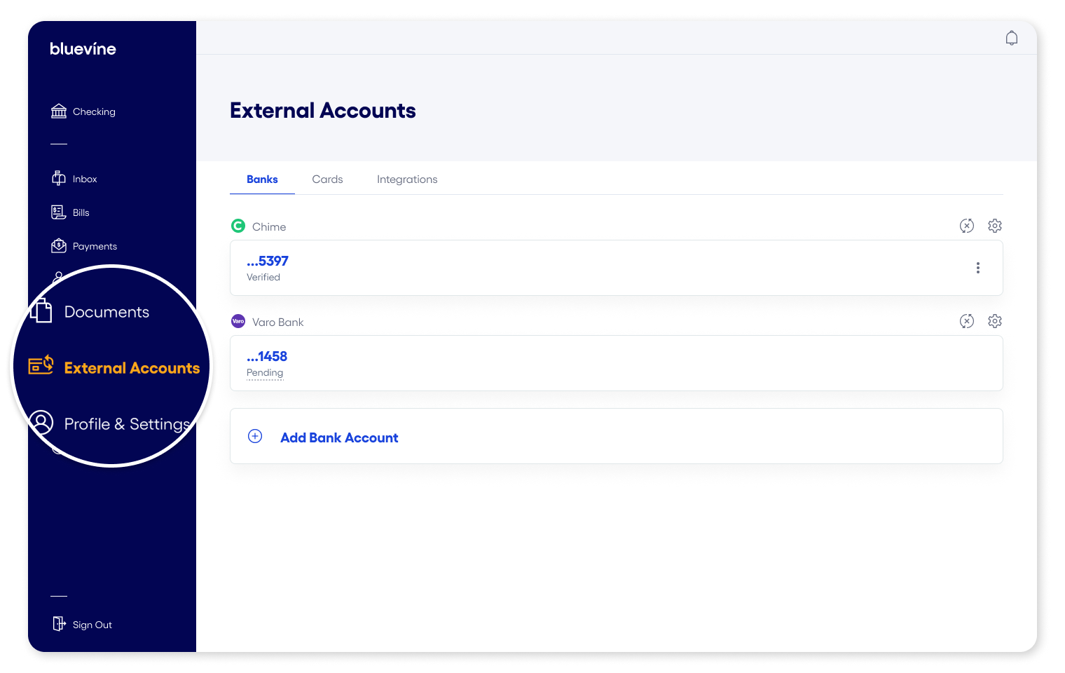 Bluevine Dashboard External Account Screen