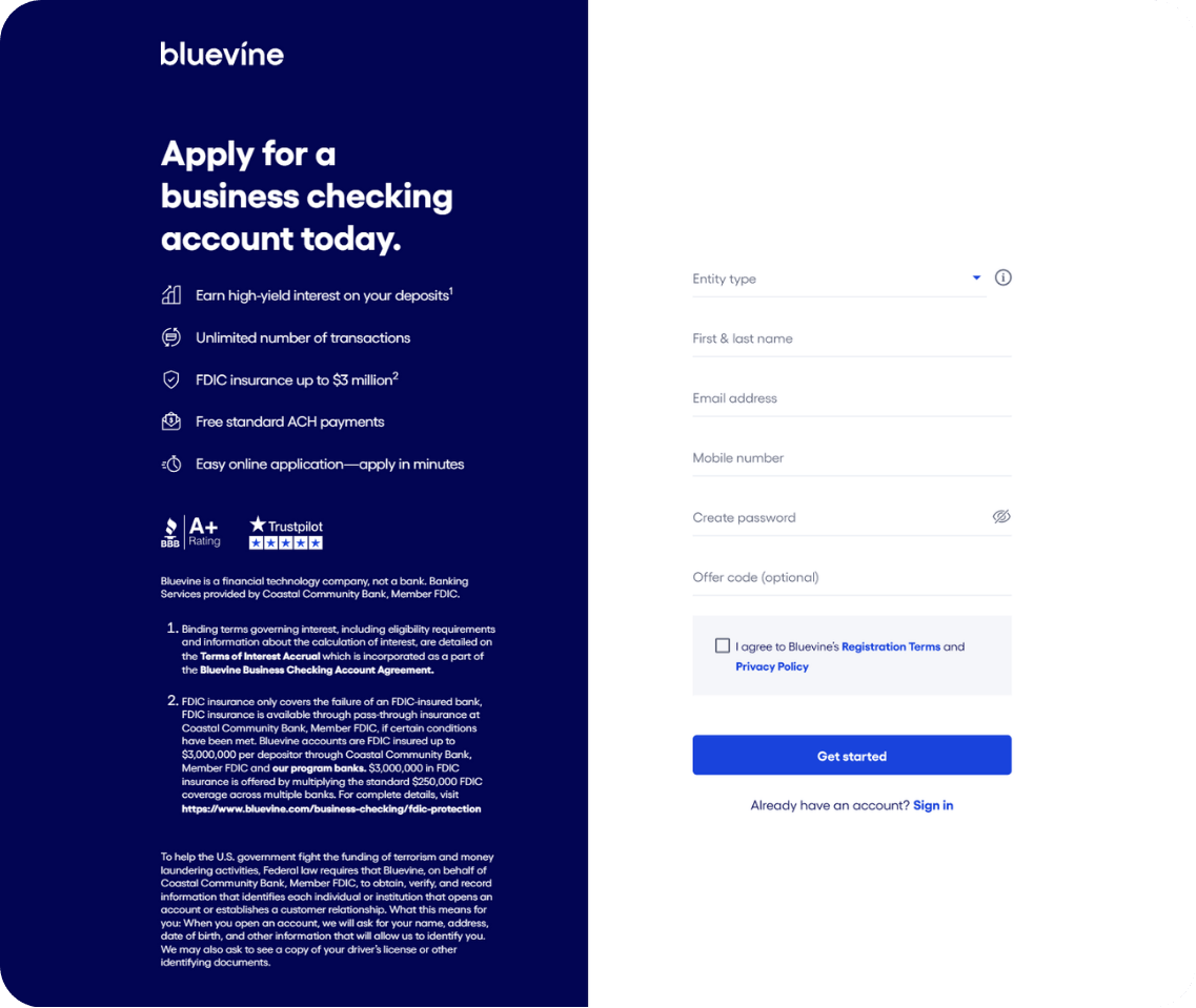 Bluevine business-checking signup screen showing a form with fields for entity type, name, email, mobile phone, password, offer code, a checkbox to accept terms, and a blue ‘Get started’ button.