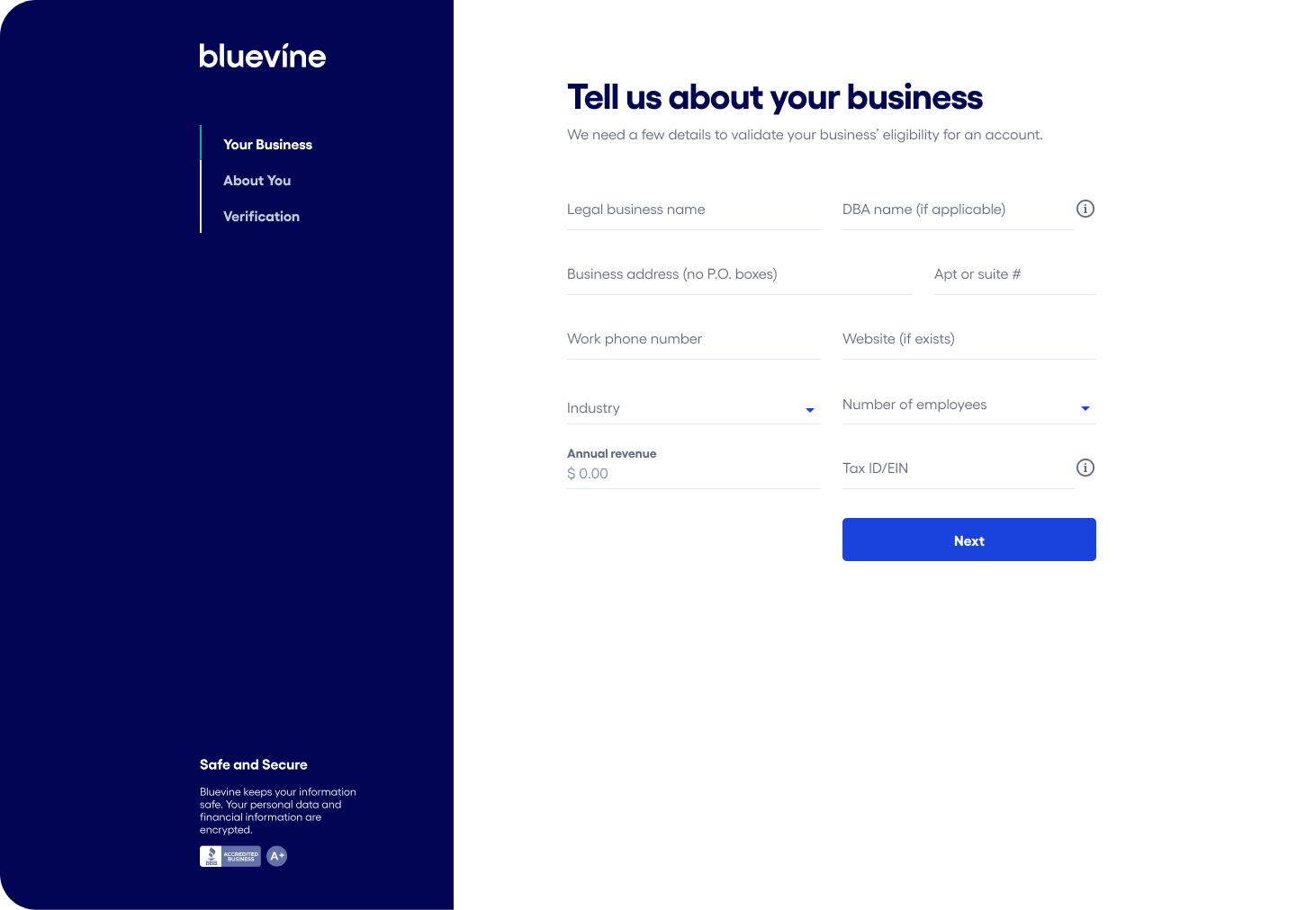 Bluevine ‘Tell us about your business’ screen with fields for legal name, address, phone, website, industry, revenue, employees, Tax ID, and a blue Next button.