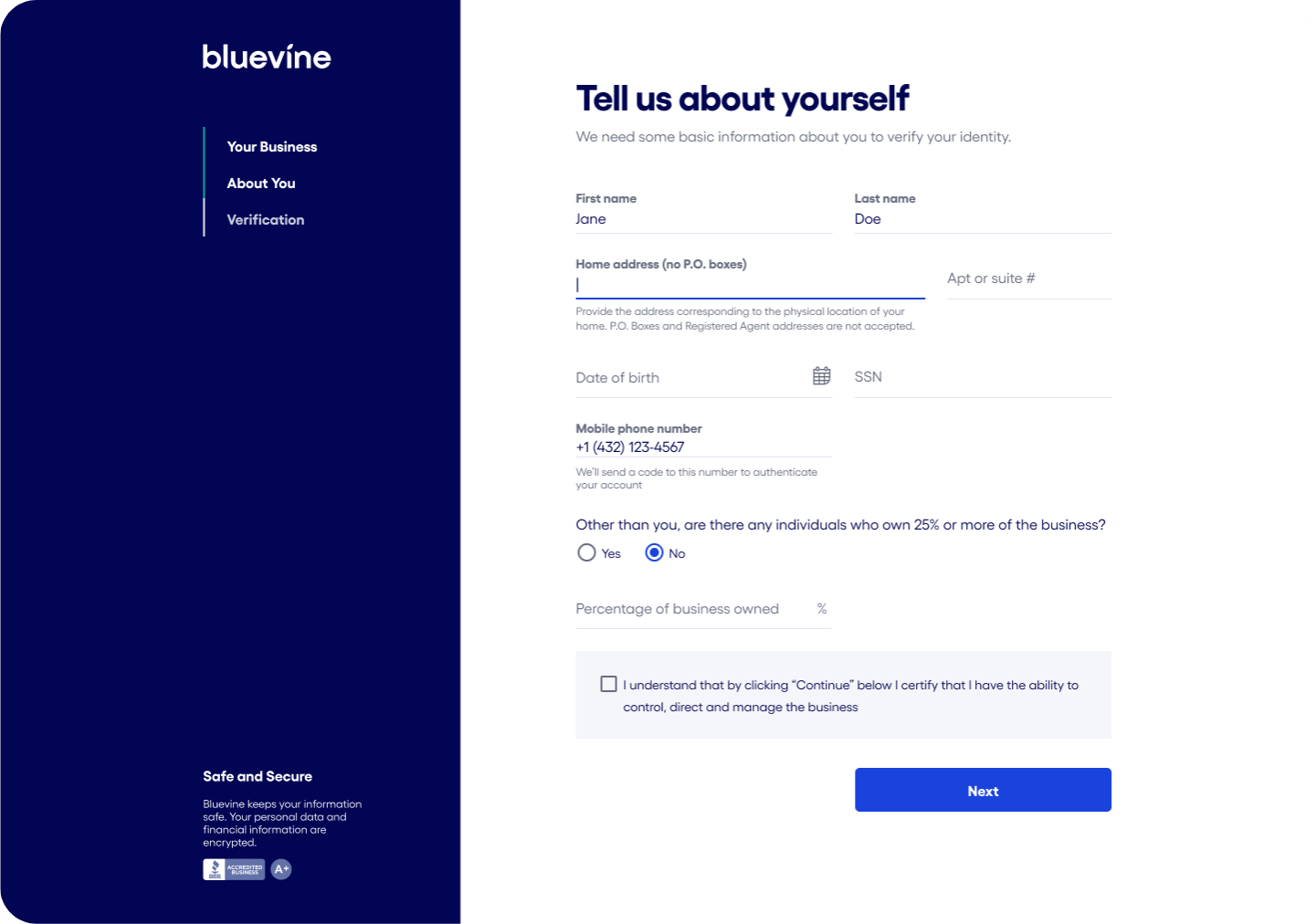 Bluevine ‘Tell us about yourself’ form with fields for legal name, address, DOB, SSN, mobile phone, ownership details, and a blue Next button.