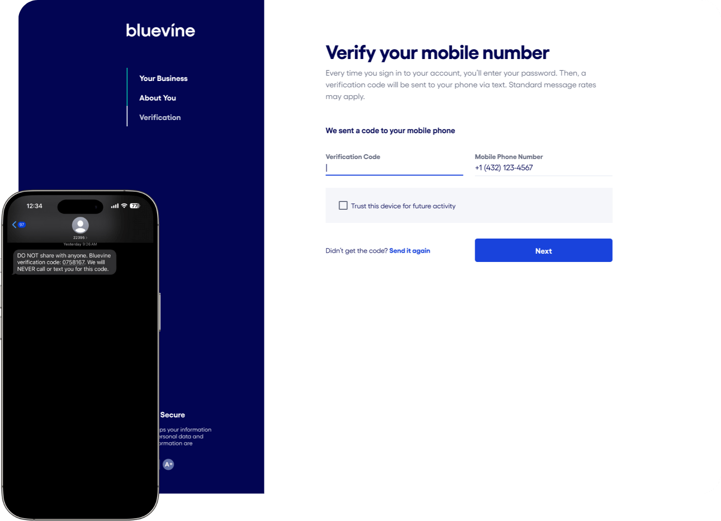 Bluevine screen requesting an SMS verification code with input field, optional ‘trust this device’ checkbox, and blue Next button; phone mock-up alongside shows a sample text message containing the one-time code.