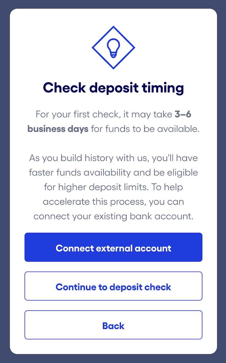 Bluevine mobile app iOS first time check deposit modal