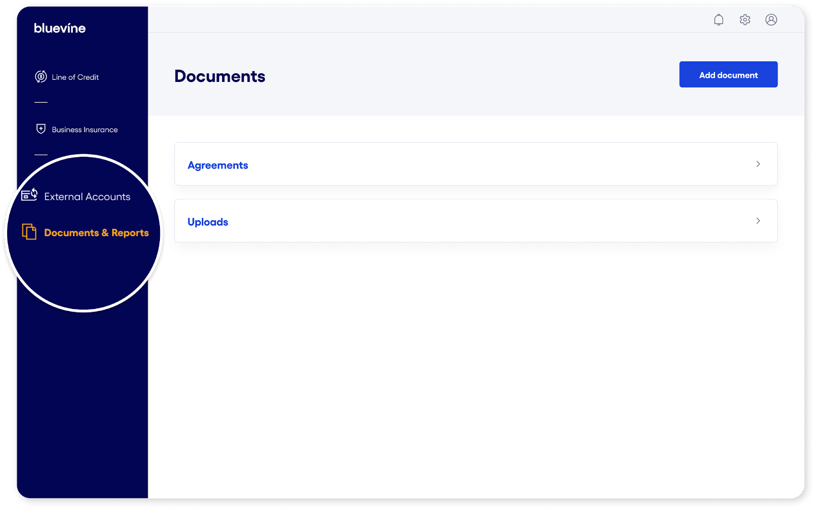 Bluevine Dashboard Documents and Reports Screen