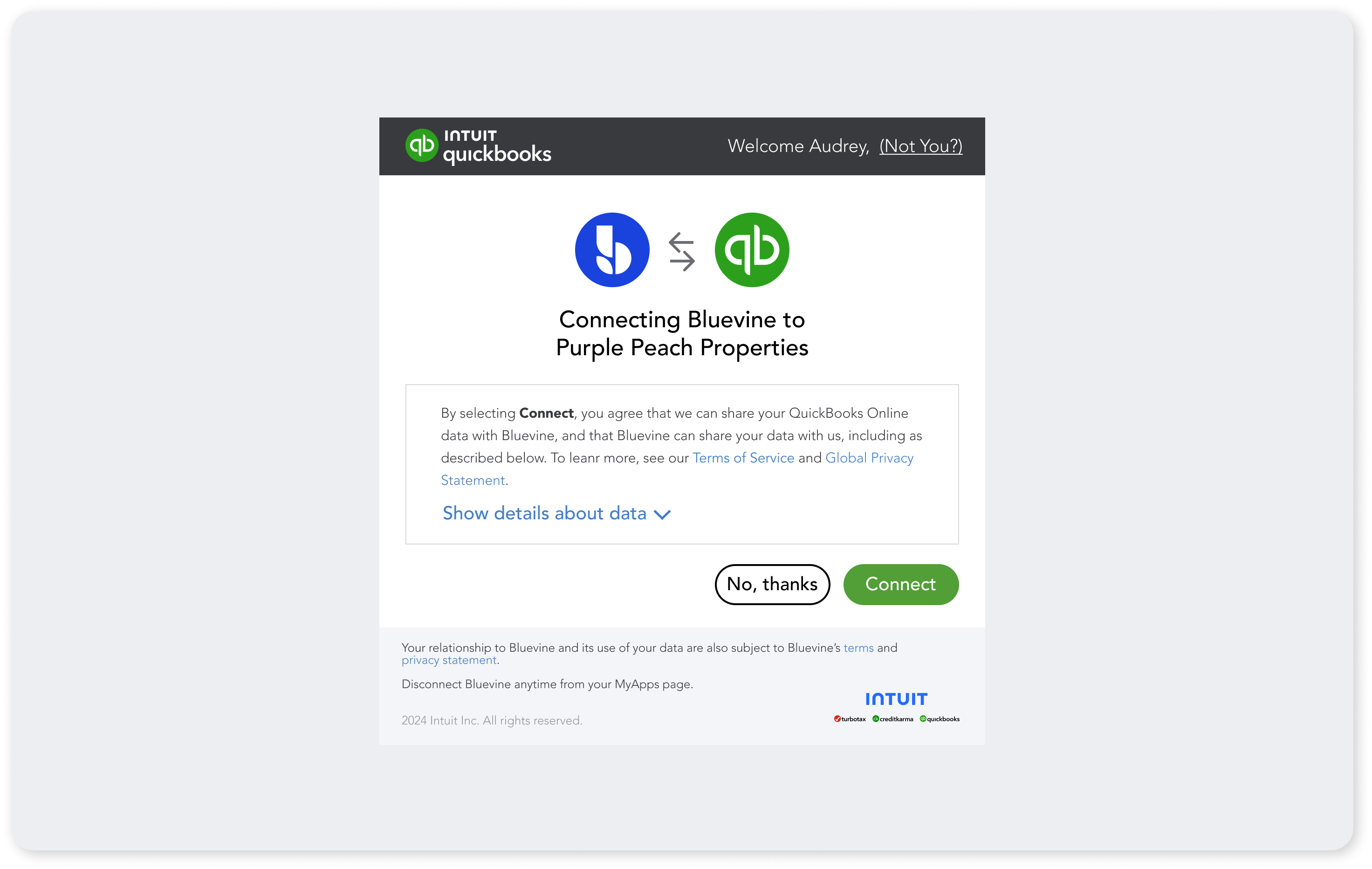 QuickBooks connecting to Bluevine account