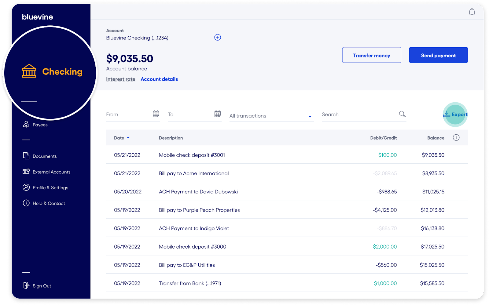 Bluevine dashboard export transactions to csv