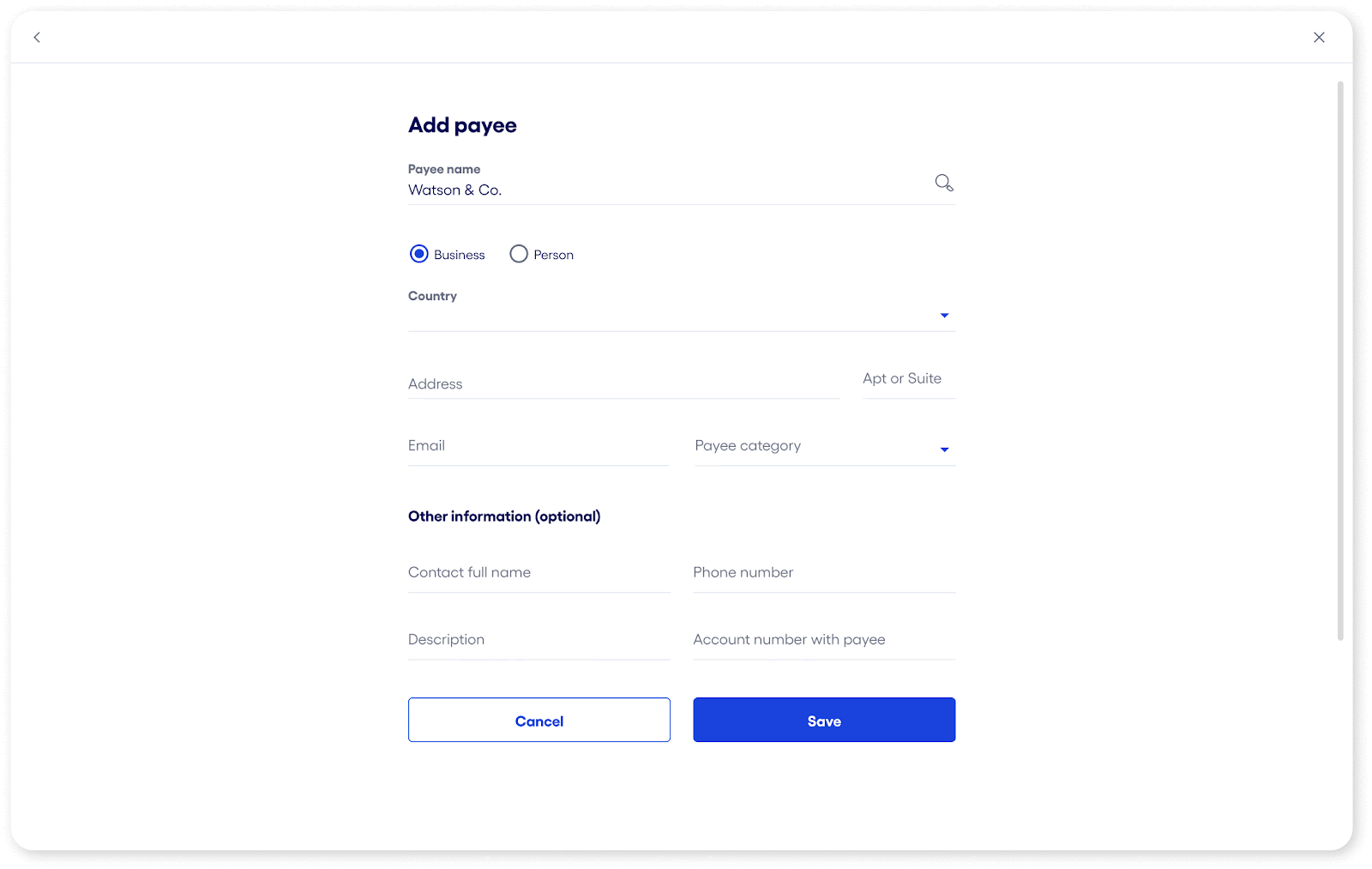A series of images that shows how to add an international payee on the Bluevine Dashboard
