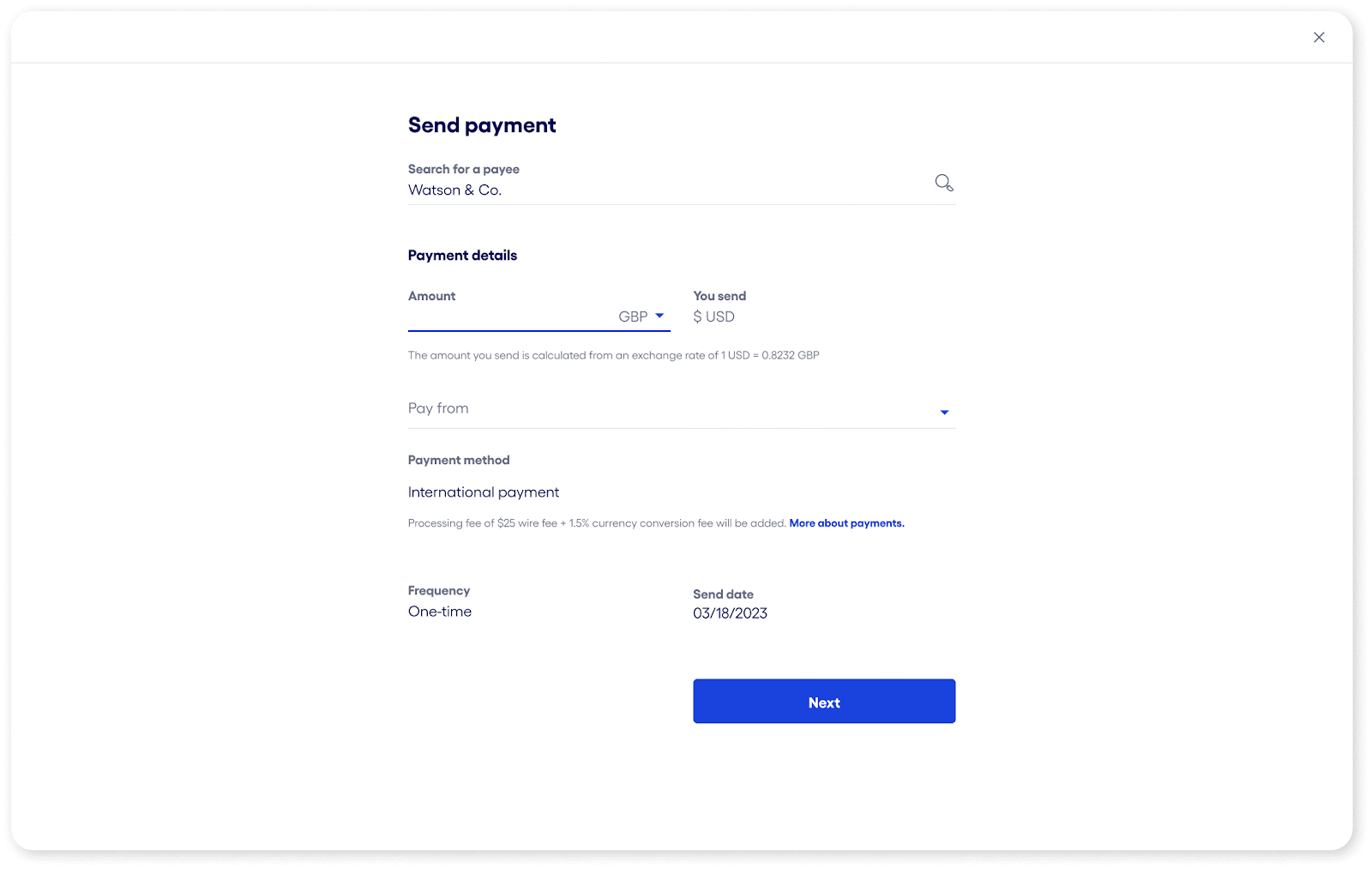 A series of images showing how to input a dollar amount for sending an international payment on the Bluevine Dashboard