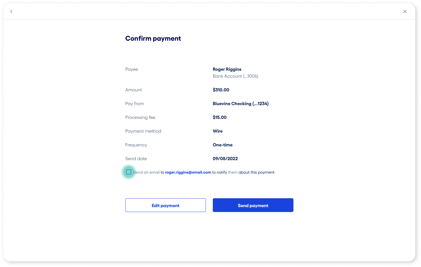 Bluevine Dashboard Confirm Payment Screen
