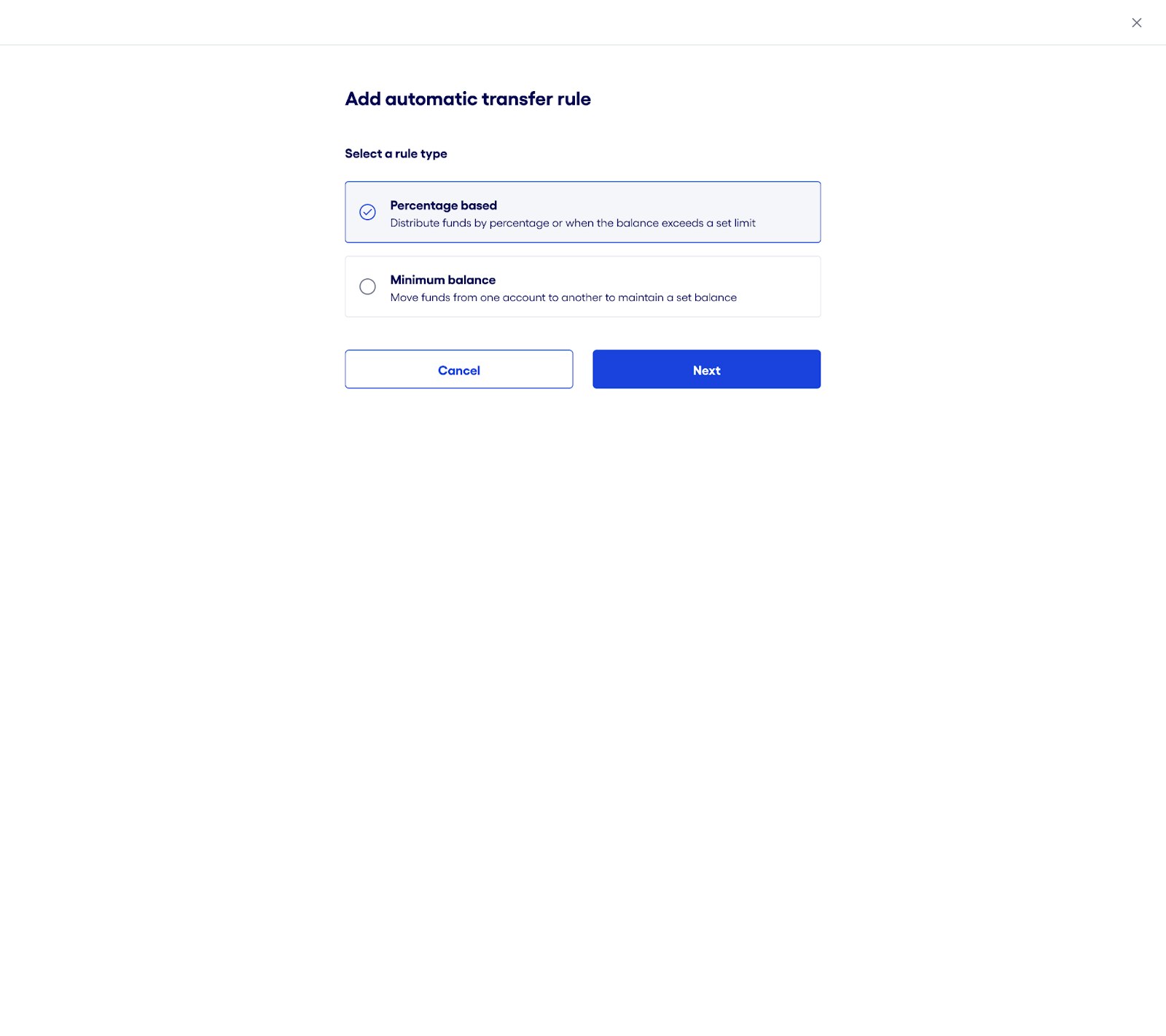 Bluevine dashboard add automatic transfer rule