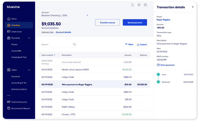 Bluevine dashboard transaction details