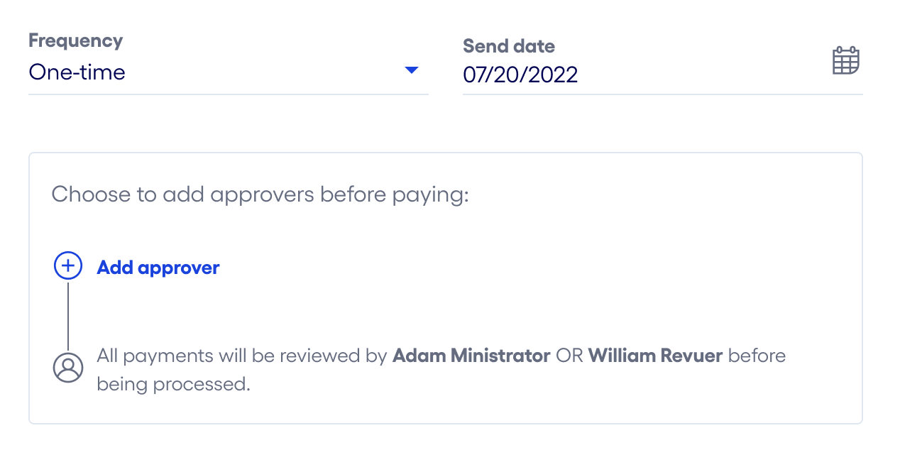 An image showing where to add approvers on the sending payment screen