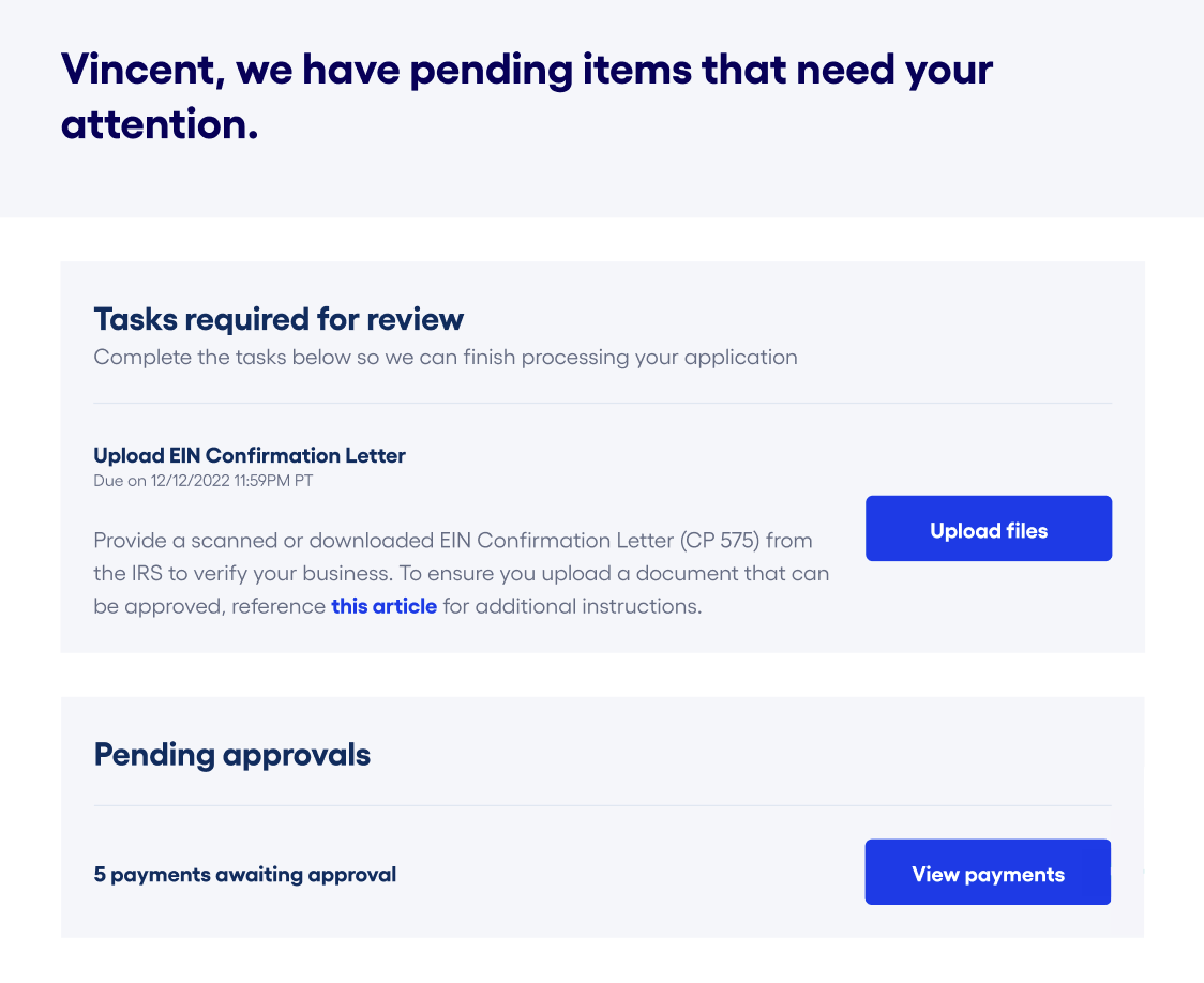 An image notifying the approver of a pending payment in need of attention. The Pending Approvals section will have a button to View Payments.