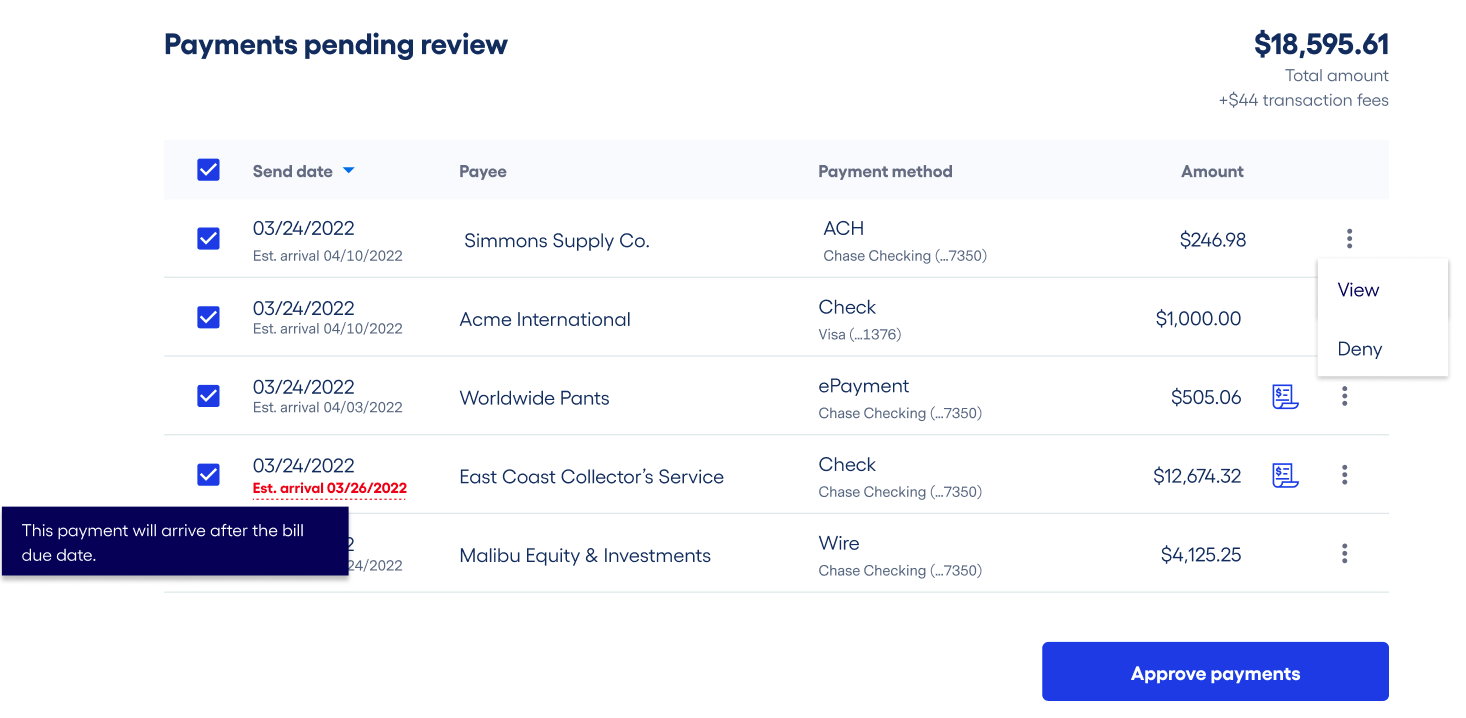 An image of Payments pending review. The amount of the payment, date, payee, payment method, and amount for each transaction will be shown
