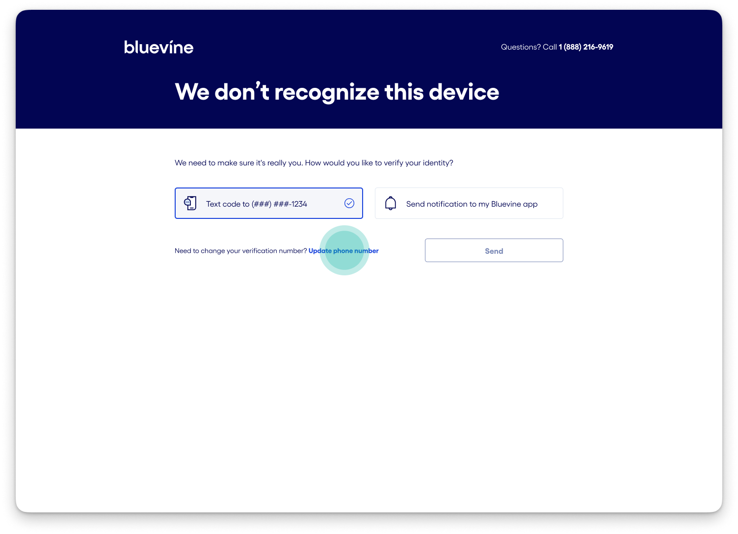 Bluevine login verification screen showing the "Update phone number" link below the verification options.