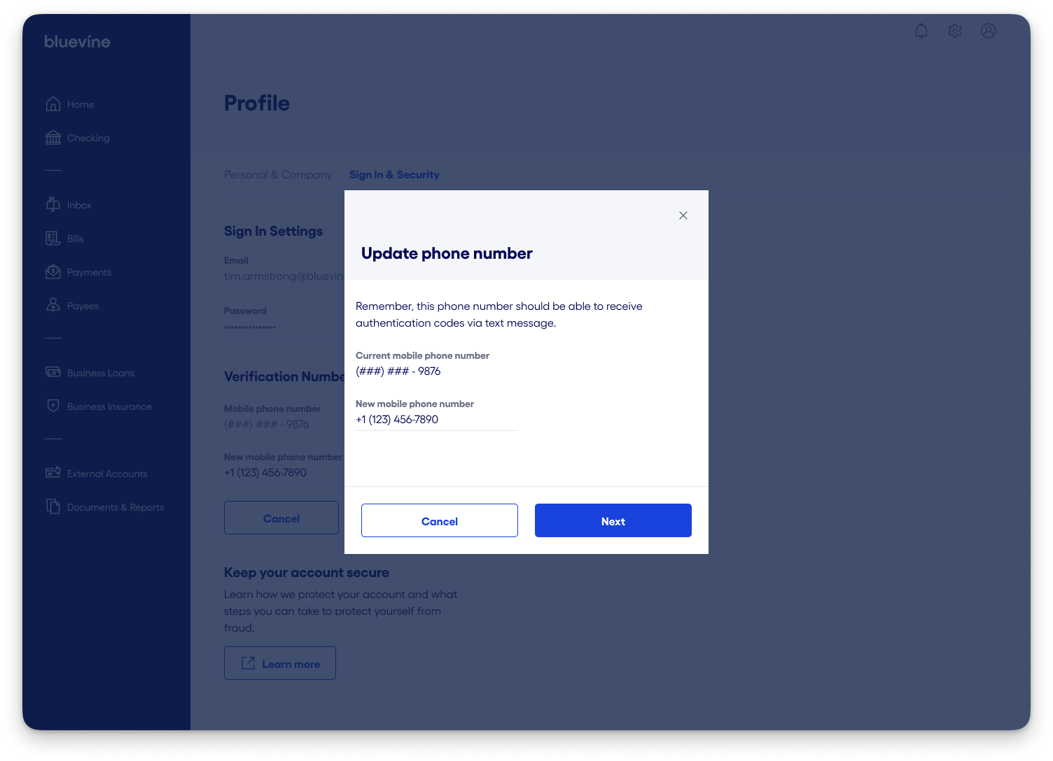 Bluevine Update phone number dialog prompting the user to enter a new verification phone number.