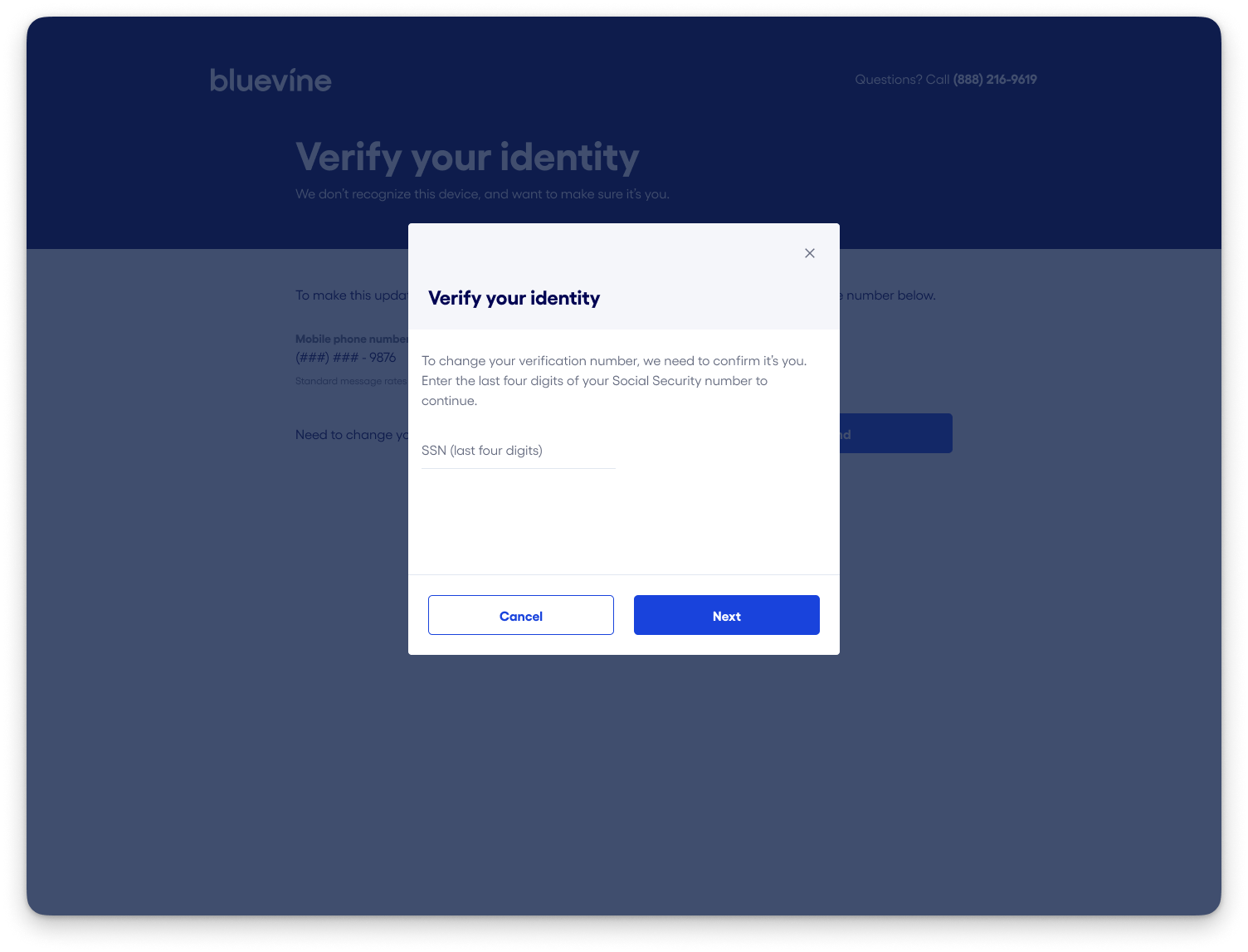 Bluevine Verify your identity dialog prompting the user to enter the last four digits of their Social Security number to continue updating their verification phone number.