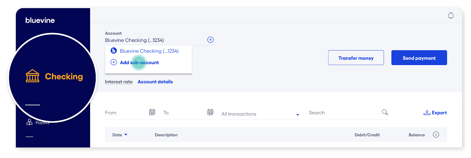 Bluevine dashboard checking add sub-account