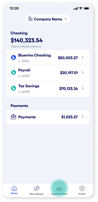 Bluevine mobile app deposit check selection