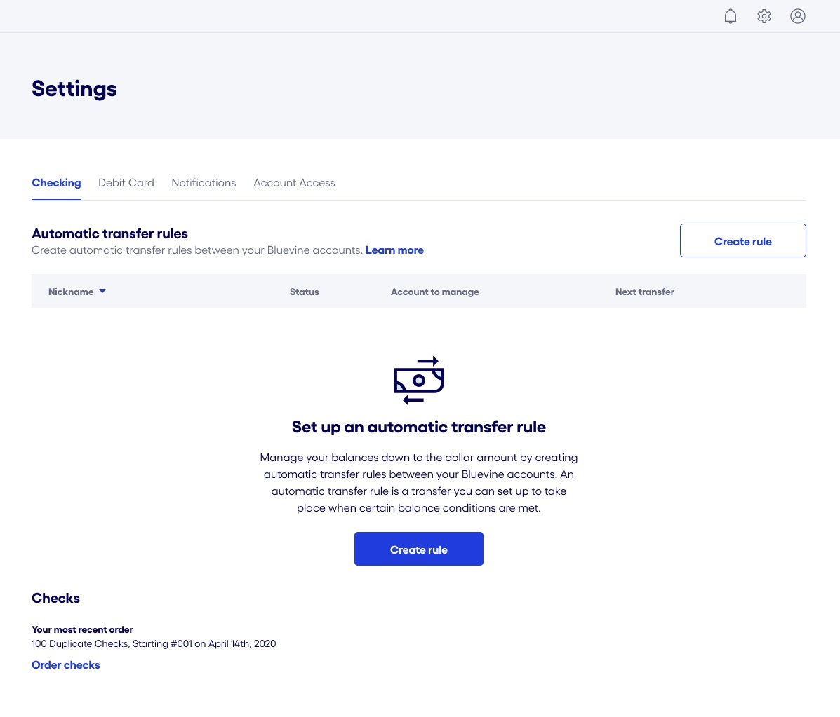 Bluevine dashboard create automatic transfer rule